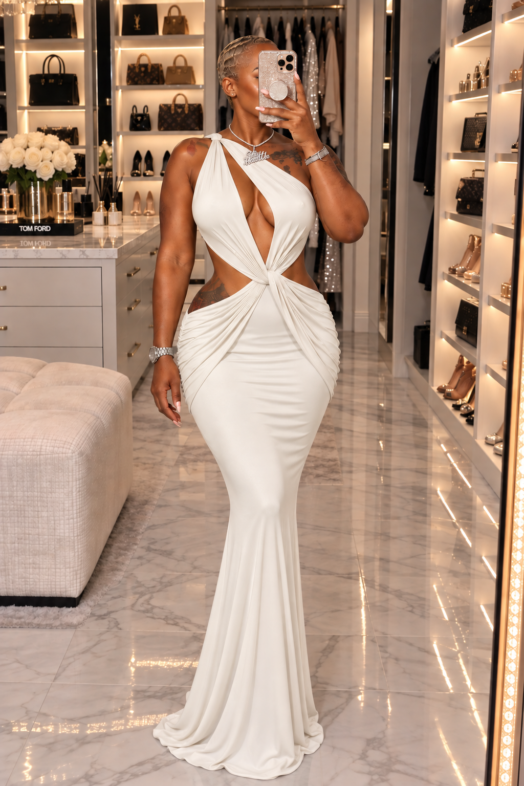 Serenity mermaid gown with knotted waist cutout