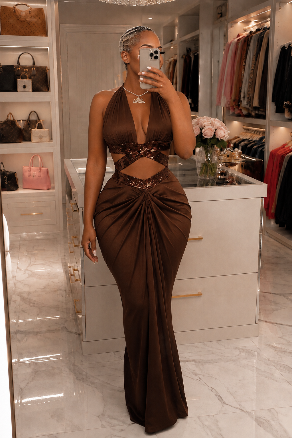 Cocoa After Dark chocolate brown cutout maxi dress
