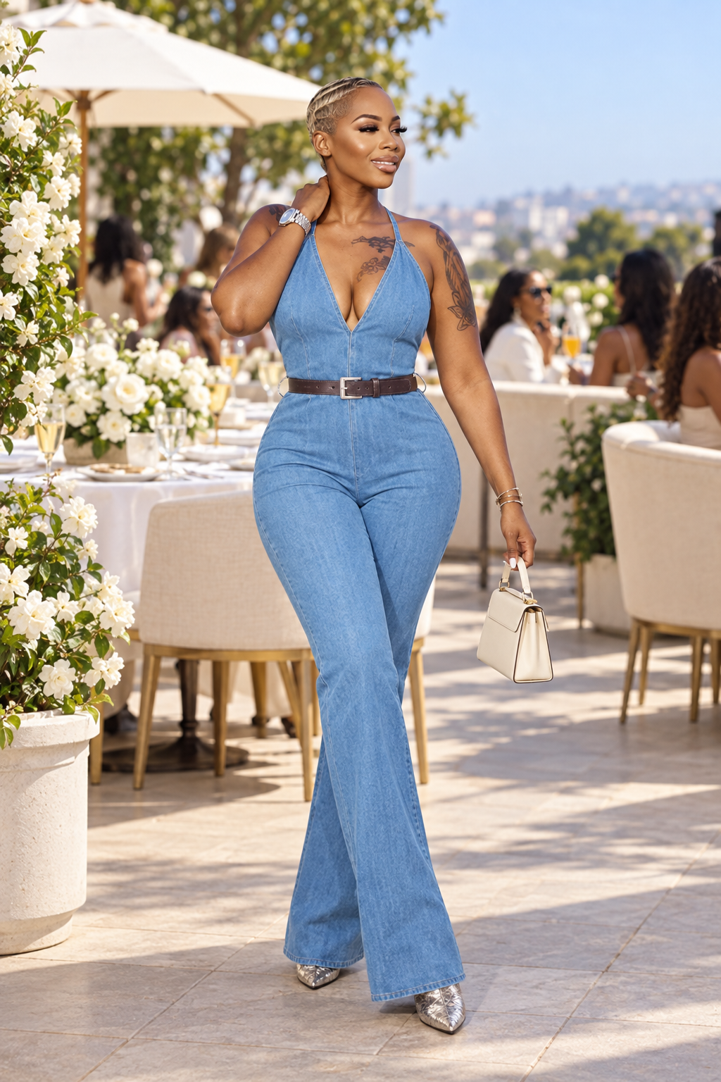 Nova Denim halter flare jumpsuit
